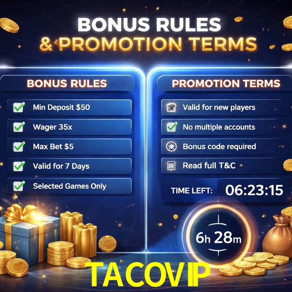 Reglas de promoción TACOVIP y condiciones de bonos explicadas visualmente