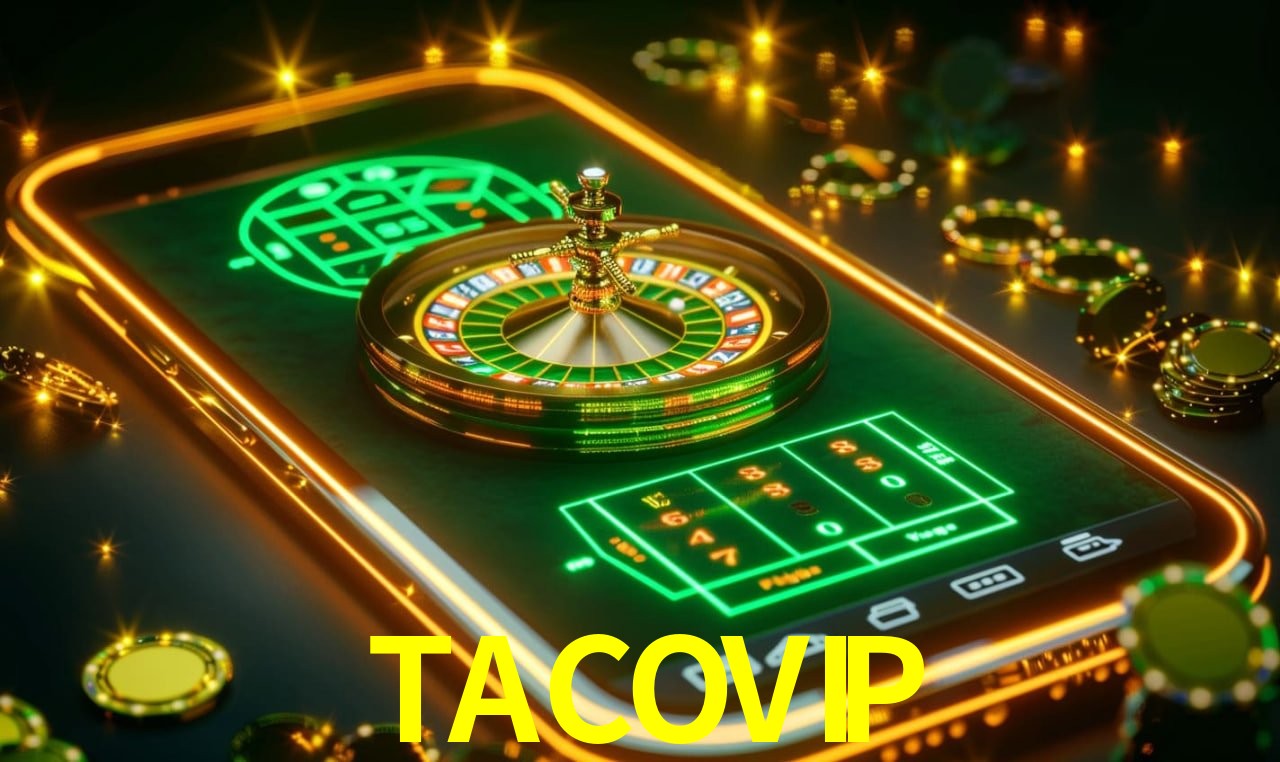 Escena dinámica inspirada en casino con iluminación TACOVIP, cartas, fichas e íconos de juegos digitales en un espacio moderno de juegos.