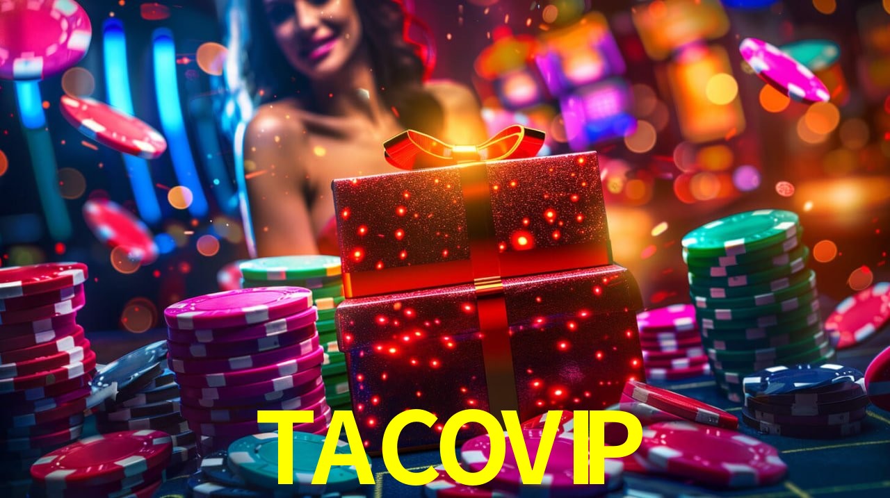 Una escena digital vívida inspirada en casino con TACOVIP mostrado prominentemente, luces brillantes, fichas, cartas y acentos dorados.