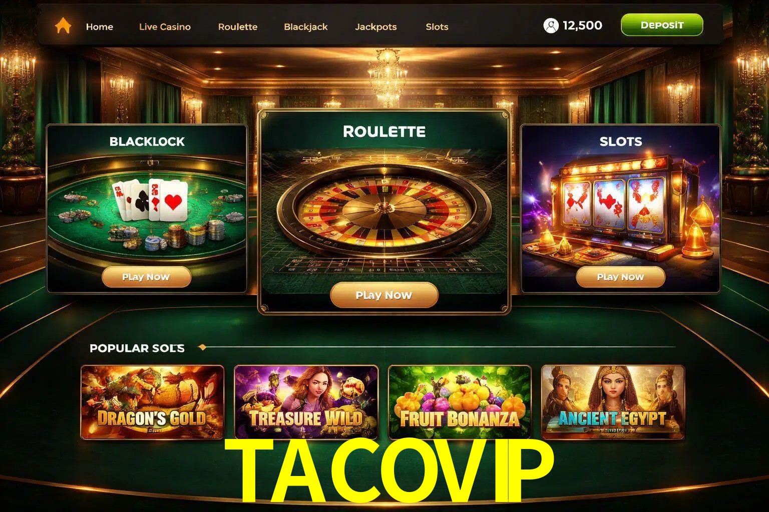 Vista de la plataforma TACOVIP Casino mostrando categorías organizadas de juegos en línea