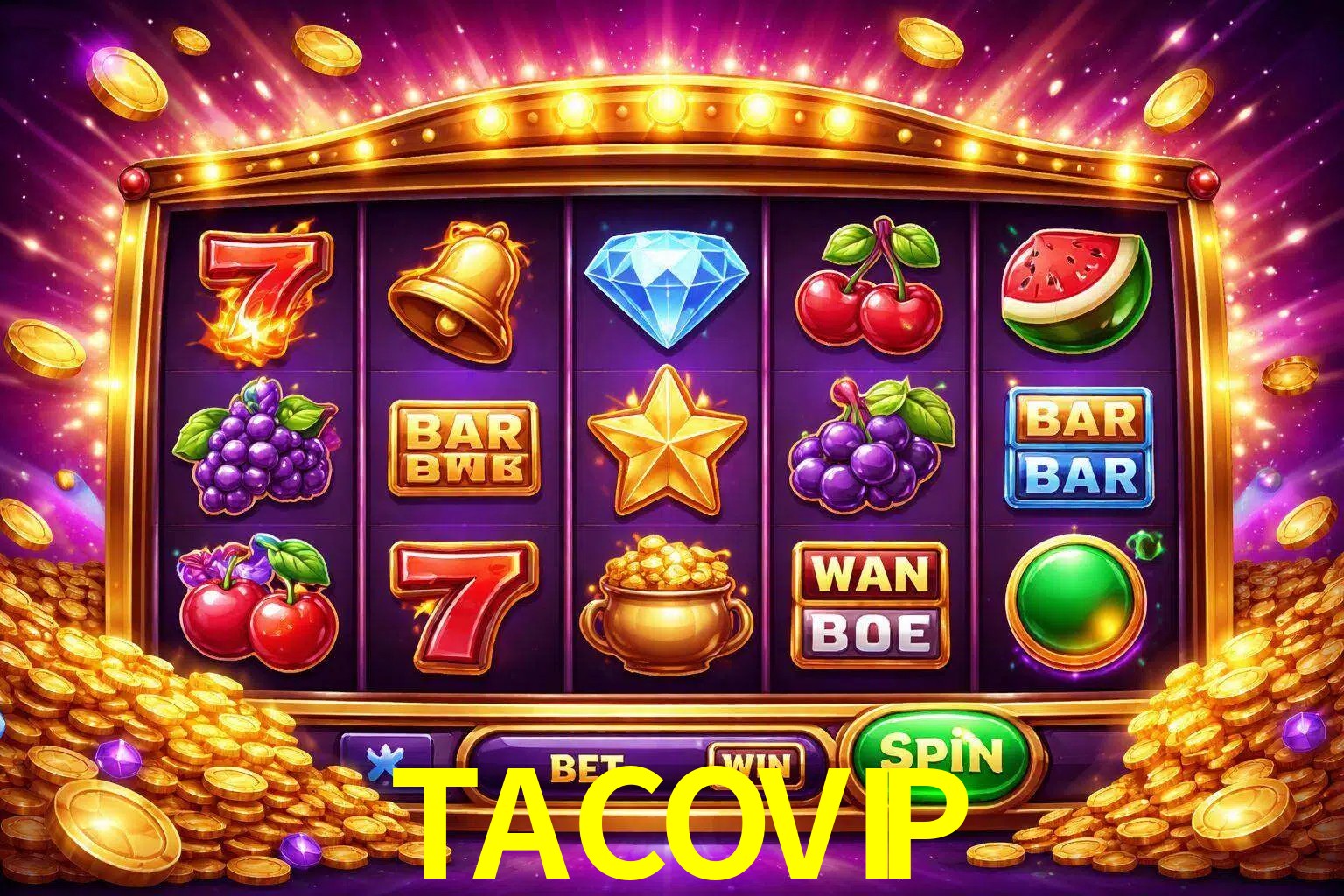 Una interfaz colorida de tragamonedas en línea con símbolos brillantes, monedas y un efecto de victoria celebratoria en TACOVIP.