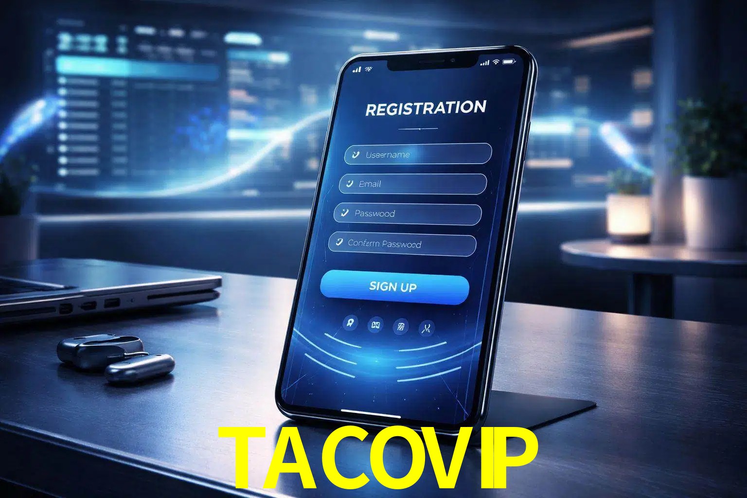 Una interfaz moderna de registro móvil para TACOVIP mostrada en un smartphone con un panel de apuestas elegante.